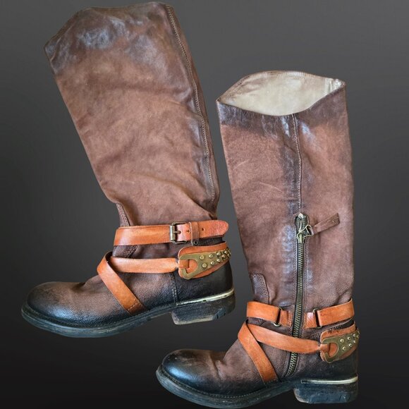 A.S.98 Airstep Brown Leather Knee High Biker Riding Harness Boots Size 37 Buckle - Picture 2 of 12